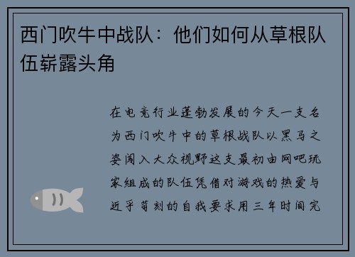 西门吹牛中战队：他们如何从草根队伍崭露头角